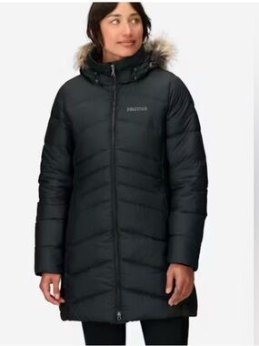 Marmot Montreal Down coat midi Removeable Faux Fur hood Black M 700 Down Fill